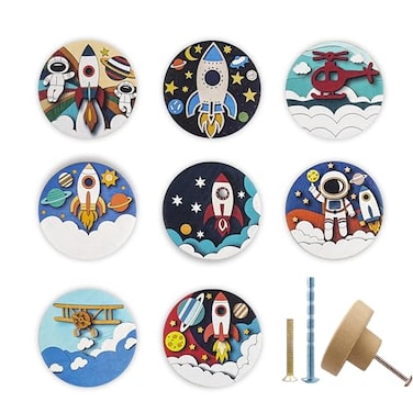JamJam Set of 8 18 Wooden Cabinet Knobs Space Rocket Astronaut Moon Theme Nursery Kids Room Furniture Dresser Drawer Knobs and Pulls