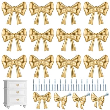 Hotop 45 Pack Gold Bow Dresser Knobs Cabinet Drawer Knobs with 2 Kinds Screws for Hardware Dresser Kitchen Drawer Aluminum Alloy Oxidation Wire Drawing Handle 157 x 118