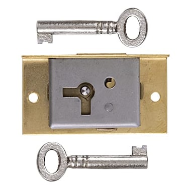 UNIQANTIQ HARDWARE SUPPLY Small Right Hand Cabinet Door or Drawer Brass Plated Half Mortise Lock wTwo Skeleton Keys HL5SB