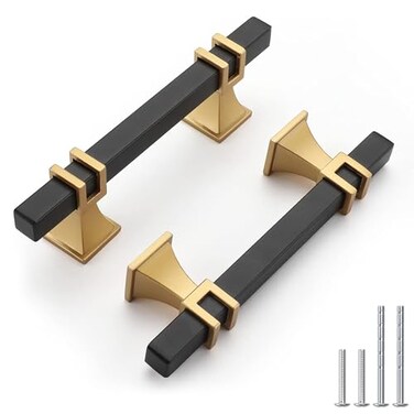 Haliwu 10 Pack Black and Gold Cabinet Pulls 3 inch Kitchen Cabinet Handles Square Dresser Drawer Hardware
