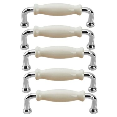 SENRISE 5 Pack Zinc Alloy Cabinet Handles 5 128mm Hole Centers White Ceramic Cabinet Pulls Drawer Pulls Hardware for Cabinets Cupboard Silver