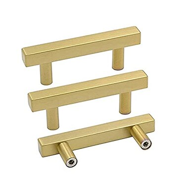 Goldenwarm 10 Pack Gold Cabinet Handles 21264mm Brushed Brass Cabinet Pulls T Bar Drawer Pulls for Kitchen Cupboard Drawer Hardware