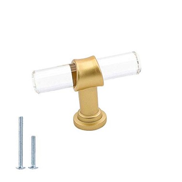 Goldenwarm 10 Pack Crystal Drawer Knobs Gold Cabinet Knobs Single Hole T Bar Lucite Acrylic Kitchen Hardware for Kitchen Cupboard Bathroom