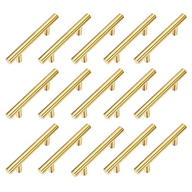 Kitmose 15 Pack Brushed Gold Cabinet Pulls Stainless Steel T Bar Pull Handles Modern Euro Tube Kitchen Cupboard Knobs Hardware for Closet Drawer Door Wardrobe Overall Length 5 Hole Center 3