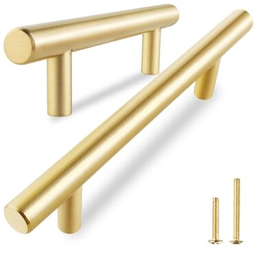 QOGRISUN 2Pack Solid Brass Cabinet Pulls Gold Euro Stvle TBar Handles 614 Inch Hole Center for Kitchen Drawers Cupboard Dresser Bathroom Vanity Brushed Brass Finish