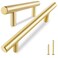 QOGRISUN 2Pack Solid Brass Cabinet Pulls Gold Euro Stvle TBar Handles 614 Inch Hole Center for Kitchen Drawers Cupboard Dresser Bathroom Vanity Brushed Brass Finish