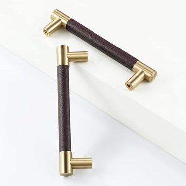 Linkaa 10 PackBrown and Gold Drawer Pulls Handles5 Kitchen Cabinet Handle Knobs Brushed Gold Dresser Pulls and Knobs Modern Dresser Cabinet Hardware Brown Leather Brushed Brass
