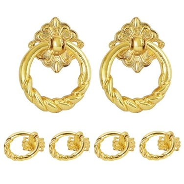 Zernmiarder 6pcs Golden Flower Drop Ring Drawer Pulls Small Vintage Cabinet Ring Handles Metal Drawer Knobs for Dresser Drawers Cupboards