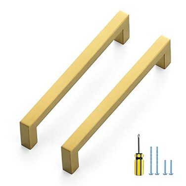Ravinte 10 Pack Square Cabinet Pulls 614 Inch Brushed Brass Kitchen Cabinet Handles Gold Kitchen Hardware for Cabinet Gold Drawer Pulls Drawer Handles Come with Screwdriver