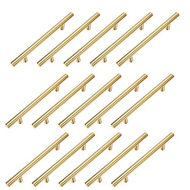 Kitmose 15 Pack Cabinet Pulls Brushed Gold Stainless Steel T Bar Pull Handle for Furniture Kitchen Cabinet Cupboard Drawer Door Handle Pull Knobs Overall Length 778Hole Center 5