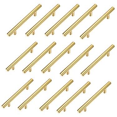 Kitmose 15 Pack Cabinet Pulls Brushed Gold Stainless Steel T Bar Pull Handles for Furniture Kitchen Cabinet Cupboard Drawer Door Handle Pull Knobs Overall Length 6 Hole Center 334