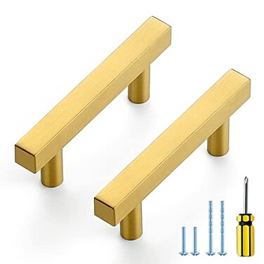 Ravinte 10 Pack Gold Cabinet Handles 212 Inch Brushed Brass Square Cabinet Pulls Gold Hardware for Kitchen Cabinets 4 Inch Total Length