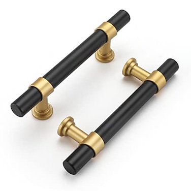 Haliwu 10 Pack 3 inch Hole Center Black Cabinet Pulls BlackGold Cabinet Handles Barrel Gold Dresser Drawer Pulls for Kitchen Hardware