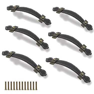 Seimneire 6pcs Surface Leather Furniture Handle 63 Retro Style Leather Handle Pull Handle for DrawerCabinetPU Suitcase Black