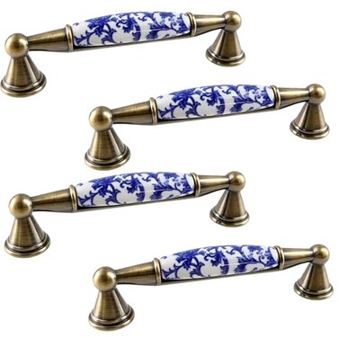 MY MIRONEY 4PCS Ceramic Cabinet Pulls Hardware Blue and White Porcelain Drawer Pulls Antique Chinese Style Decorative Dressing Pulls Handles 378 Hole Centers