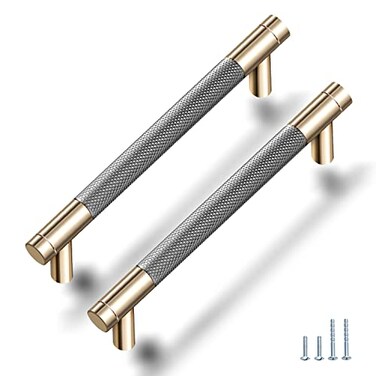 Gutuwellea 50 Pack 5 Inch 128 mm Knurled Cabinet Handles Cabinet Pulls Aluminum Handles Knurled Drawer Pulls Gold and Grey Oxidation Finish with Diamond Pattern 6 Length 5 Hole Center