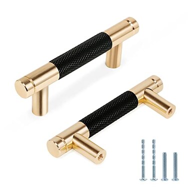 Zernmiarder Knurled Cabinet Pulls 12 Pack 35 Inch Long Cabinet Handles Metal Door Pulls Kitchen Drawer Pull Knurled Dresser Handles 2 12 Hole to Hole Black Gold