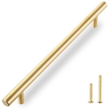 QOGRISUN 2Pack Solid Brass Cabinet Pulls Gold Long Drawer Handles 10 Inch Hole Center for Large Kitchen Cabinets Cupboard Dresser Wardrobe Closet Door Brushed Brass Finish