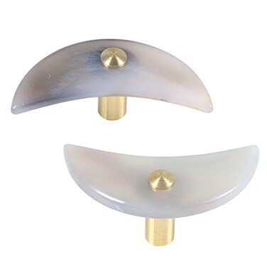 TUMBEELLUWA Set of 2 Moon Shaped Natural Agate Pull Handles for Dresser Cupboard Polished Stone Cabinet Drawer Knobs with Screws