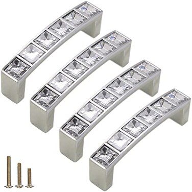 ESreake 4 Pack U Shape Diamond Crystal Glass Rhinestone Cabinet Pulls Knobs HandlesModern Decorated Shiny Dresser Drawer Pulls Handles for Cupboard Wardrobe Dresser 25 Hole Centers 4 Pack