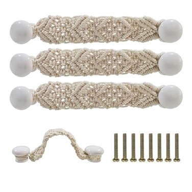 RFORPLY Bohemian Style Braided Rope Wooden Pulls 4 Pack Cabinet Drawer Cupboard Furniture Door Wooden Pulls HandlesHand Woven Rope Drawer Pulls for Kitchen Cabinet Wardrobe Cupboard White