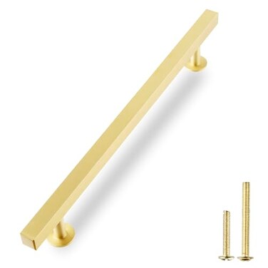 QOGRISUN 2Pack Solid Brass Cabinet Pulls 10 Inch Hole Center Heavy Duty Brushed Brass Cabinet Hardware Modern Square Drawer Handles for Kitchen Dresser AntiTarnish 1235 Inch Overall Length