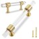 QOGRISUN 2Pack Acrylic Cabinet Pulls with Brass Base Gold Modern Drawer Handles 3inch Hole Center for Kitchen Dresser Drawer Clear Glass Crystal Pulls 51inch Total Length