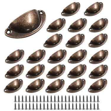 suiwotin 24pcs Antique Cup Drawer Pulls Red Bronze Bin Cup Pulls Knobs Cabinet Pull Handles for Dresser Cupboard Closet Kitchen Furniture 32 Inch Length 26 Inch Hole Spacing