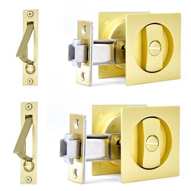 Dontay 2 Pack Pocket Door Privacy Lock Flush Handles 238 Backset BedBath Latch Recessed Knob Hardware for 1 38 to 2 316 Thickness Door Including Edge Pull Satin Brass Square
