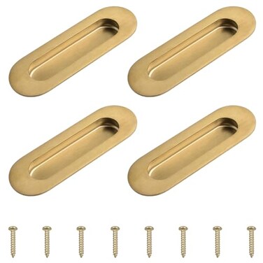 MOROBOR 4 Pack Stainless Steel Side Hole Flush Pull Oval Embedded Sliding Door Handle Recessed Finger Pulls with Hidden Screws for Drawer Cupboard WardrobeBrushed Gold