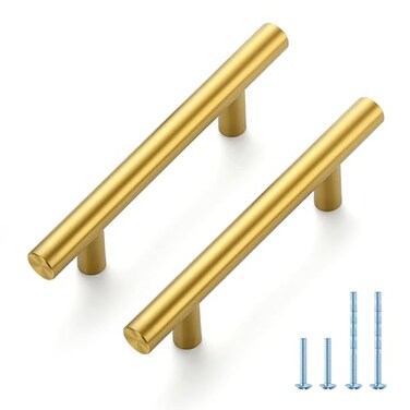 JOY DECOR 30 Pack 5 Inch Cabinet Pulls Kitchen Cabinet Handles with 3 Inch Hole Center Brushed Brass Cabinet Hardware Stainless Steel Kitchen Drawer Pulls for Cabinets Cupboard 76mm Hole Centers