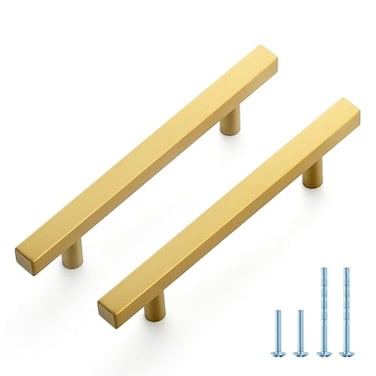JOY DECOR 10 Pack 4 Inch Brushed Brass Square Cabinet Handles Stainless Steel Cabinet Hardware Pulls for Kitchen and Drawers with 625 Inch Overall Length