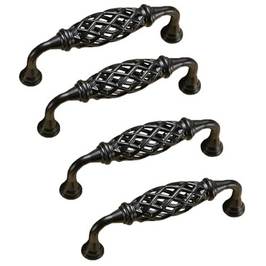 XDHLDULYK 4PCS Birdcage Cabinet Hardware Handle Pull Cast Iron Antique Door Handle Metal Barn Door Handle Center Holes Handle for Kitchen Cupboard Bedroom Wardrobe Bathroom Drawer 96Black