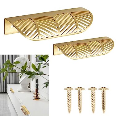 LFWATAXY 2PCS Brass Edge Pulls Copper Back Mount Finger Edge Pulls Concealed Hidden Drawer Wardrobe Pull Handles Knobs Arc Invisible Concealed Tab Pull Length 46 inches Hollow Out