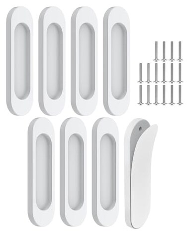 MeBantoo 8 Pack SelfStick Door Handles 4 Inch Aluminum Alloy Self Adhesive Flat Finger Pulls No Drill Cabinet Knobs for Drawer Sliding GlassBarnClosetBalcony Doors 8 White