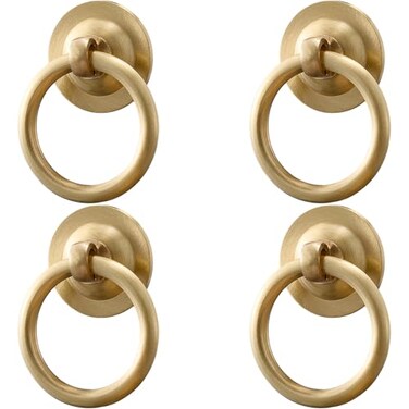 RZDEAL 4 Pack Solid Brass Cabinet Pulls Ring Drawer Pulls Gold Kitchen Cabinet Handles Brass Brushed Drawer Handles