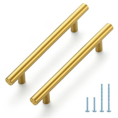 JOY DECOR 10 Pack 6 Inch Cabinet Pulls Kitchen Cabinet Handles with 334 Inch Hole Center Brushed Brass Cabinet Hardware Stainless Steel Kitchen Drawer Pulls for Cabinets Cupboard 96mm Hole Centers