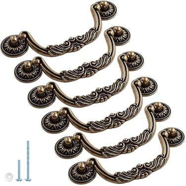 ESreake 6PCS Antique Bronze Drop Bail PullsVintage Carved Cabinet Pulls Handles50 Hole Centers Retro Drawer KnobsTexture on Handle for Drawer Dresser Closet with Screws Large 5 Hole Centers