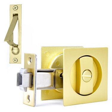 Dontay Pocket Door Privacy Lock Flush Handles 238 Backset BedBath Latch Recessed Knob Hardware for 1 38 to 2 316 Thickness Door Including Edge Pull Satin Brass Square 1 Pack
