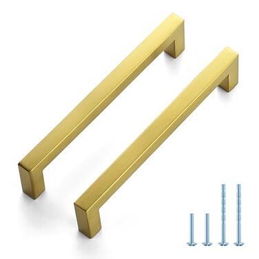 JOY DECOR 10 Pack Cabinet Handles Gold Cabinet Pulls 614 Inch Kitchen Handles Square Drawer Pulls Stainless Steel Drawer Hardware Handles 160mm Hole Centers