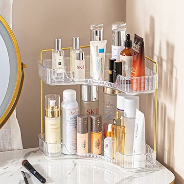 shuang qing 2Tier Corner Bathroom Counter Organizer Classic Storage Shelf for Makeup Perfume Toiletries SpaceSaving Countertop Tray Fits Bathroom Dresser Kitchen Classic White