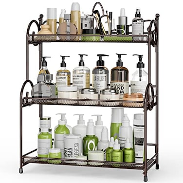 EKNITEY Bathroom Organizer Shelf Countertop Kitchen Counter Organizer 3 Tier Bathroom Counter Shelves for Makeup Vanity Organizer Brown No Assembly
