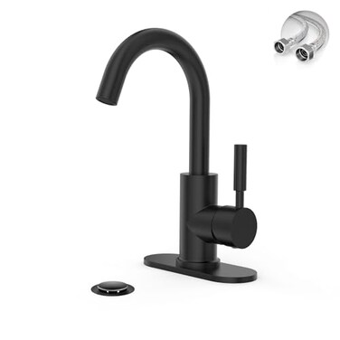 Phiestina Single Hole Matte Black SingleHandle HighArc Stainless Steel Faucet for PreKitchen SinkBar SinkBathroom Sink with 4 Inch Deck Plate and Supply Hoses Matte Black WE08EMB