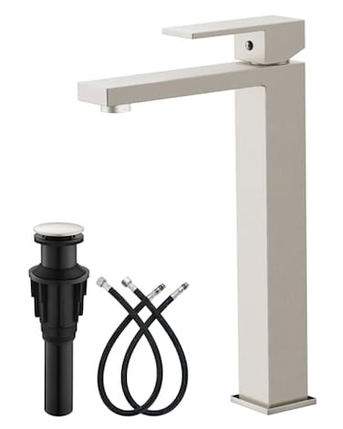 gotonovo Vessel Sink Faucet Single Handle Tall Bathroom Faucet One Hole Modern Lavatory Vanity Basin Mixer Tap Matching Supply Hoses and Pop up Drain Without Overflow Brushed Nickel