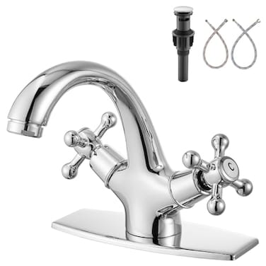 Aolemi Bathroom Sink Faucet Single Hole Cold and Hot Double Handle Cross Knobs Vanity Vessel Sink Basin Mixer Tap with Deck Cover Plate with Pop Up Drain Polish Chrome