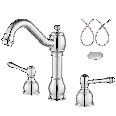 Aolemi 8 Inch Widespread Bathroom Sink Faucet 3 Hole Deck Mount Vanity Basin Mixer Tap with Pop Up Drain Assembly Polish Chrome Double Lever Handle