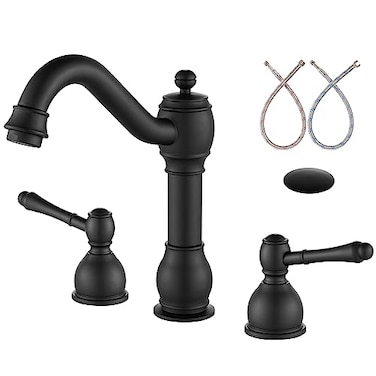 Aolemi 8 Inch Widespread Bathroom Sink Faucet 3 Hole Deck Mount Vanity Basin Mixer Tap with Pop Up Drain Assembly Matte Black Double Lever Handle