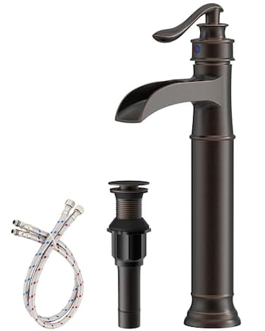 Homevacious Waterfall Vessel Sink Faucet Brass Single Handle 1 Hole Bathroom Sink Faucet with Pop Up Drain Without Overflow Oil Rubbed Bronze Tall Bathroom Faucets