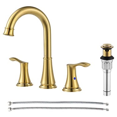 PARLOS Brushed Gold Widespread Double Handles Bathroom Faucet with Pop Up Drain and cUPC Faucet Supply Lines Demeter 1365108