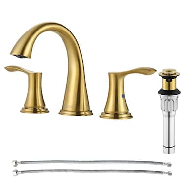 PARLOS Widespread Bathroom Faucet 2 Handles with Pop Up Sink Drain and cUPC Faucet Supply Lines Brushed Gold Demeter 1364708